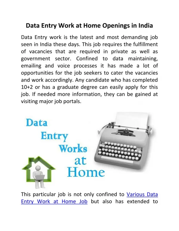 Data Entry Work at Home Openings in India