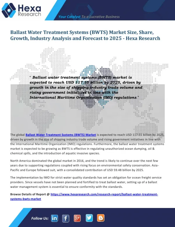Ballast Water Treatment Systems (BWTS) Market Research Report and Global Industry Analysis Report, 2025