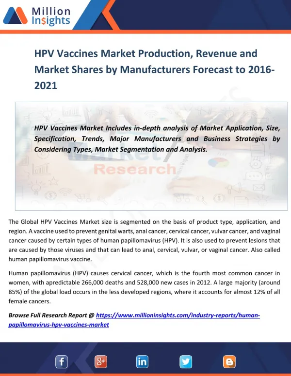 HPV Vaccines Market Production, Revenue and Market Shares by Manufacturers Forecast to 2016-2021
