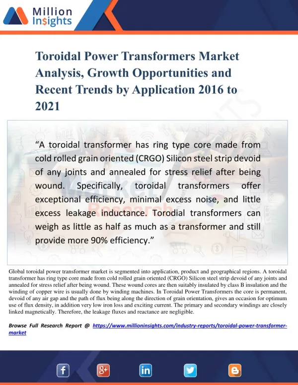 Toroidal Power Transformers Market Analysis, Growth Opportunities and Recent Trends by Application 2016 to 2021