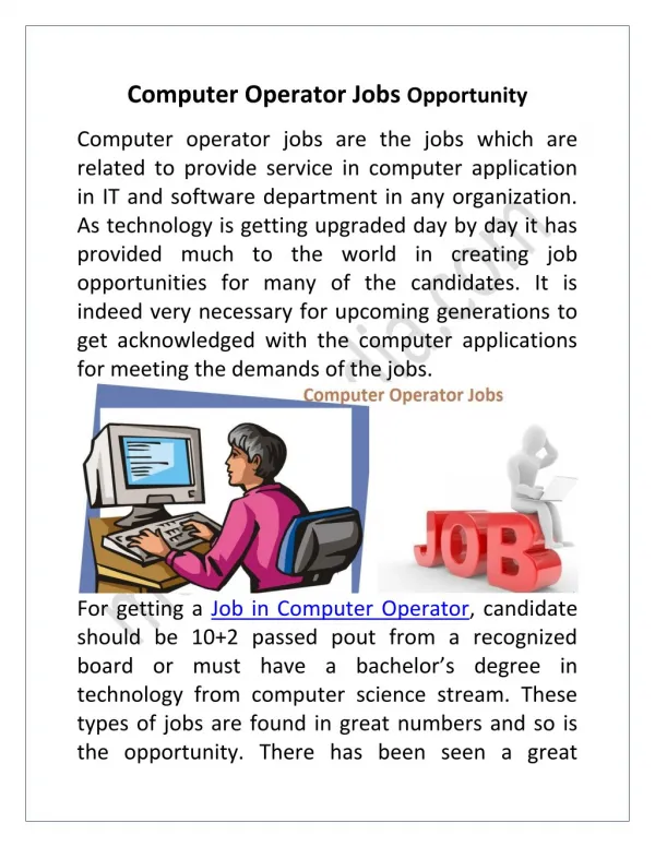 Computer Operator Jobs Opportunity