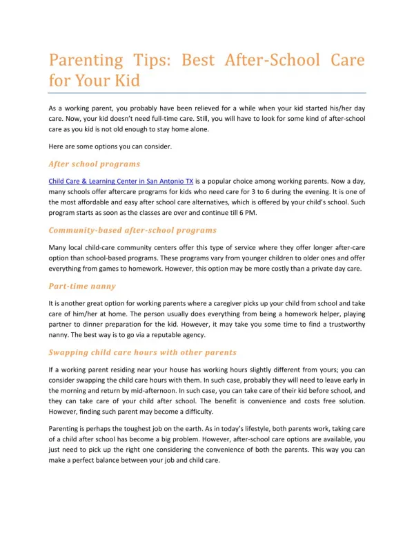 Parenting Tips: Best After-School Care for Your Kid