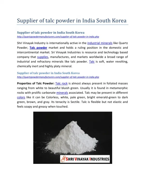 Supplier of talc powder in India South Korea