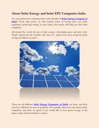 About Solar Energy and Solar EPC Companies India