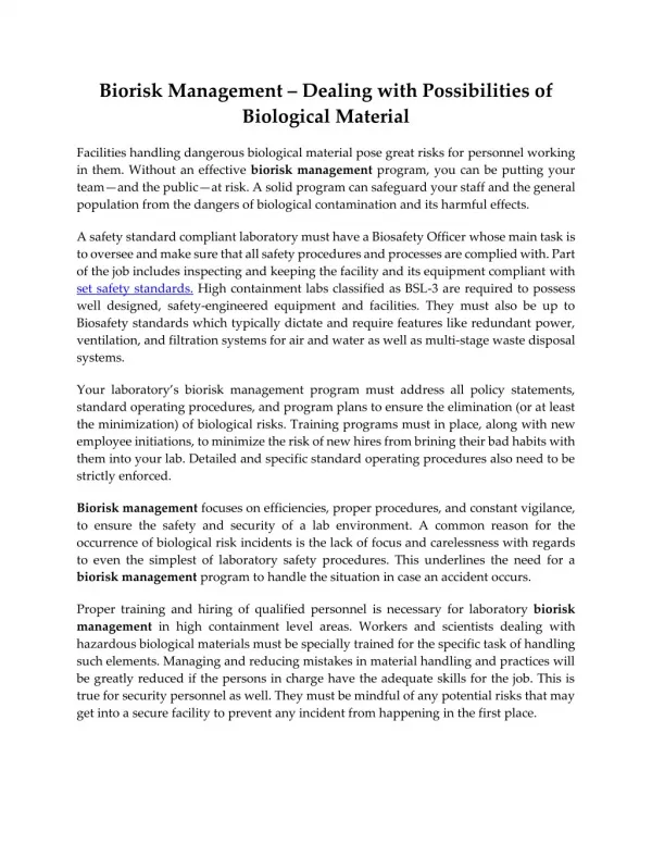 Biorisk Management – Dealing with Possibilities of Biological Material