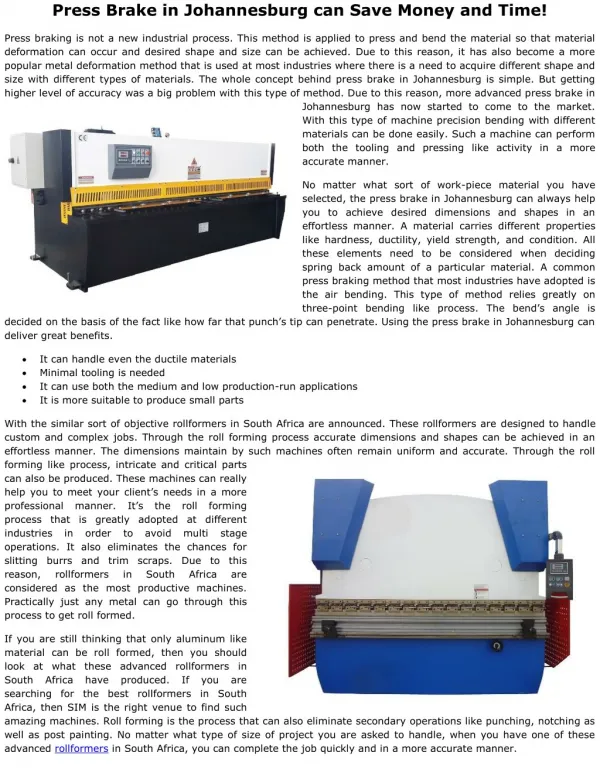 Press Brake in Johannesburg can Save Money and Time!