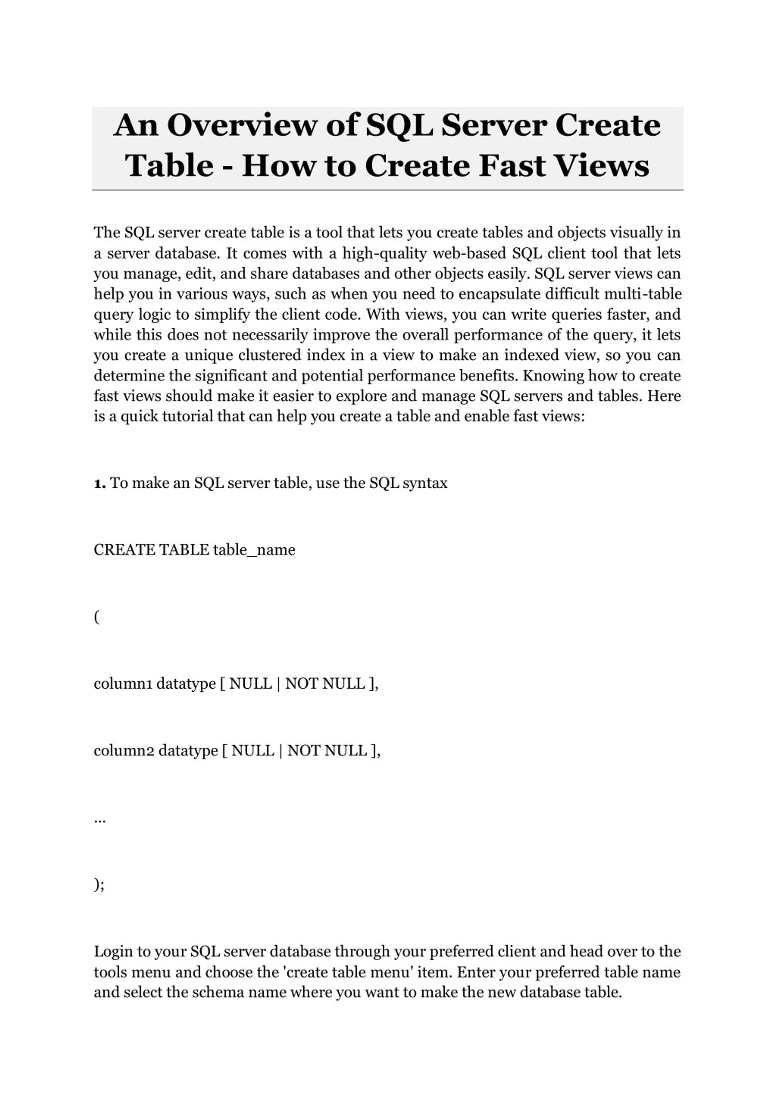 PPT - An Overview of SQL Server Create Table - How to Create Fast Views ...