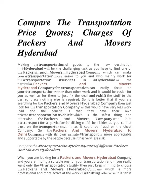 Compare The Transportation Price Quotes; Charges Of Packers And Movers Hyderabad