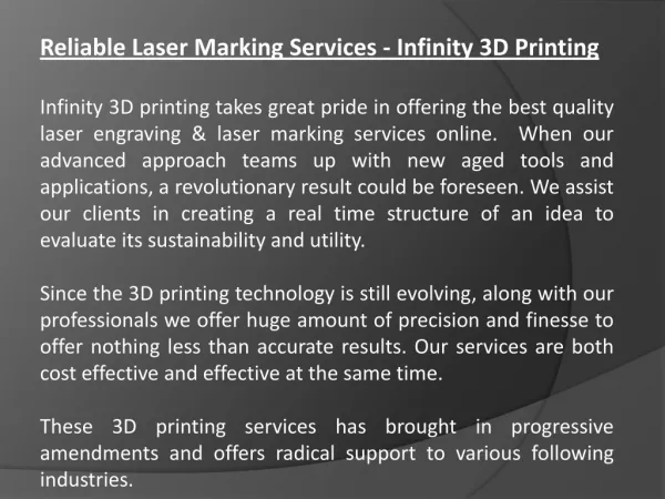 Reliable Laser Marking Services - Infinity 3D Printing