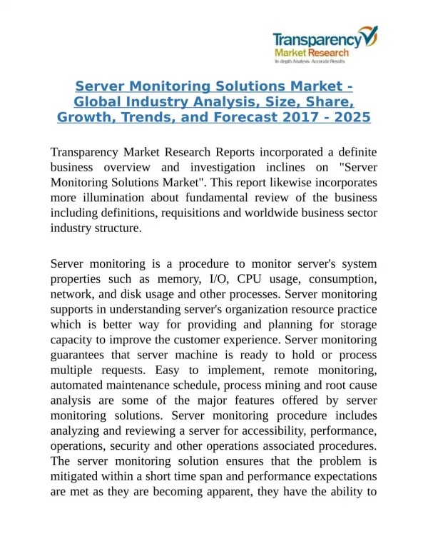Server Monitoring Solutions Market - Predicted to Rise at a Lucrative CAGR throughout 2017 to 2025