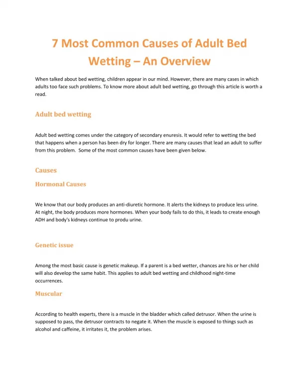 7 Most Common Causes of Adult Bed Wetting – An Overview