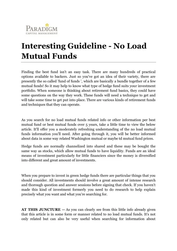 Interesting Guideline - No Load Mutual Funds