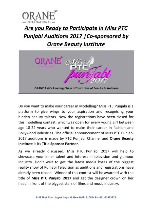 Are you ready to Participate in Miss PTC Punjabi Auditions 2017 | Co-sponsored by Orane Beauty Institute