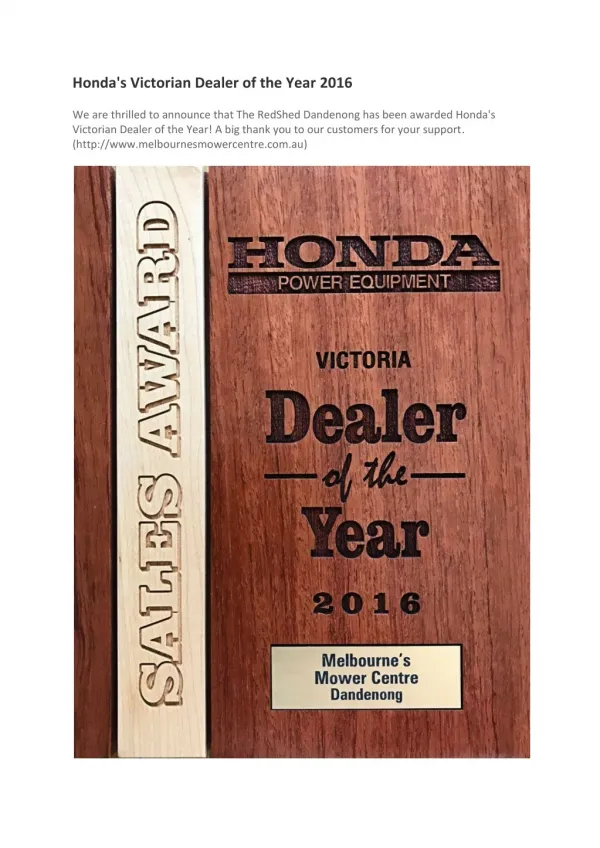Honda's victorian dealer of the year - MelbournesMowerCentre.com.au