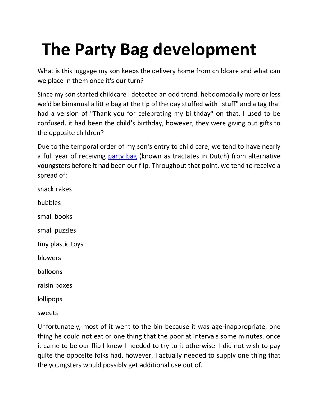 the party bag development