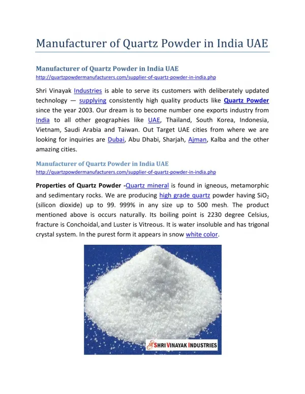 Manufacturer of Quartz Powder in India UAE