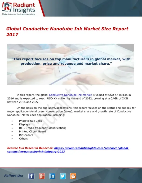 Global Conductive Nanotube Ink Market Trends Report 2017