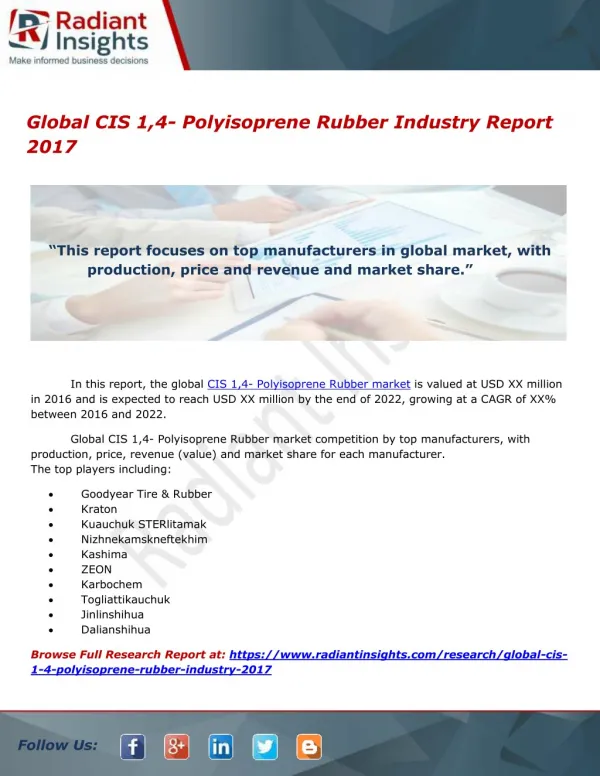 Global CIS 1,4- Polyisoprene Rubber Market Report 2017