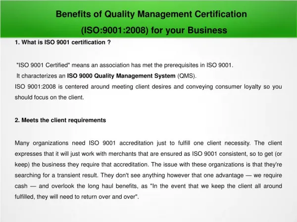 Benefits of Quality Management Certification (ISO:9001:2008)	for your Business