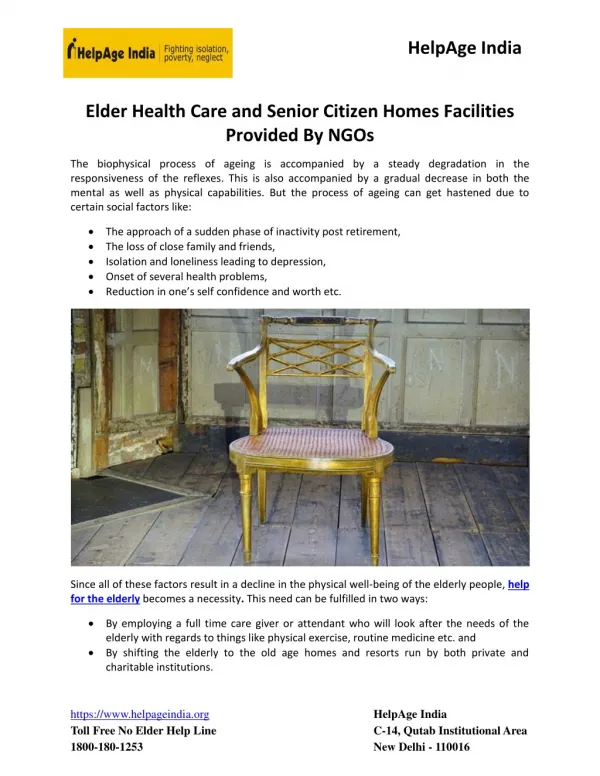 Elder Health Care and Senior Citizen Homes Facilities Provided By NGOs