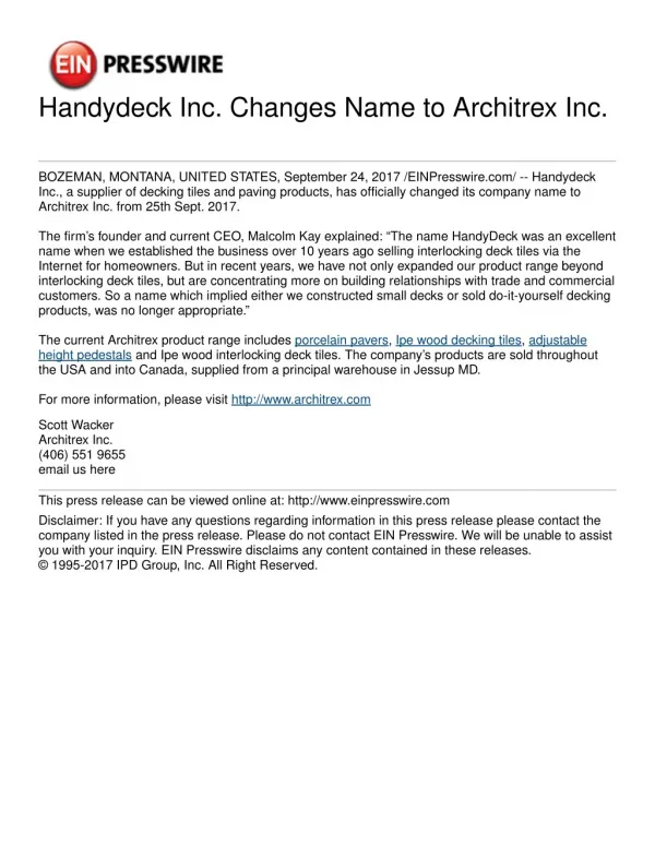 Handydeck Inc. Changes Name to Architrex Inc.