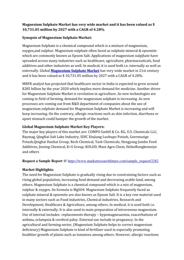 Magnesium Sulphate Market 2017: Analysis, Segments, Key Players, Drivers, Trends, and Forecast 2027