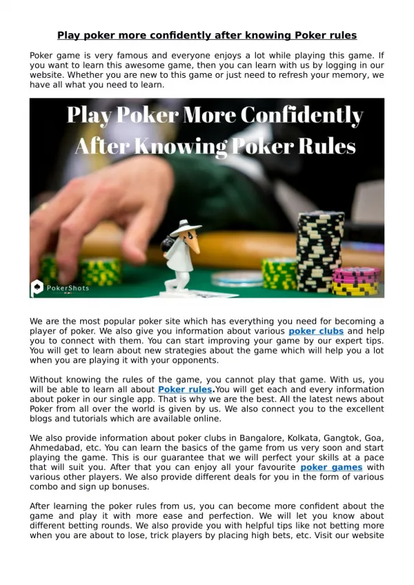 Play Poker More Confidently After Knowing Poker Rules