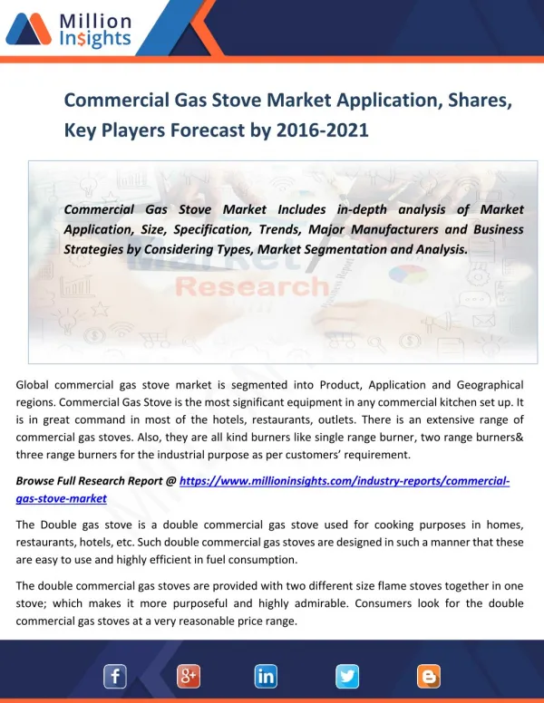 Commercial Gas Stove Market Application, Shares, Key Players Forecast by 2016-2021