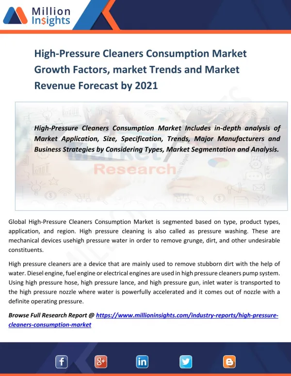 High-Pressure Cleaners Consumption Market Growth Factors, market Trends and Market Revenue Forecast by 2021