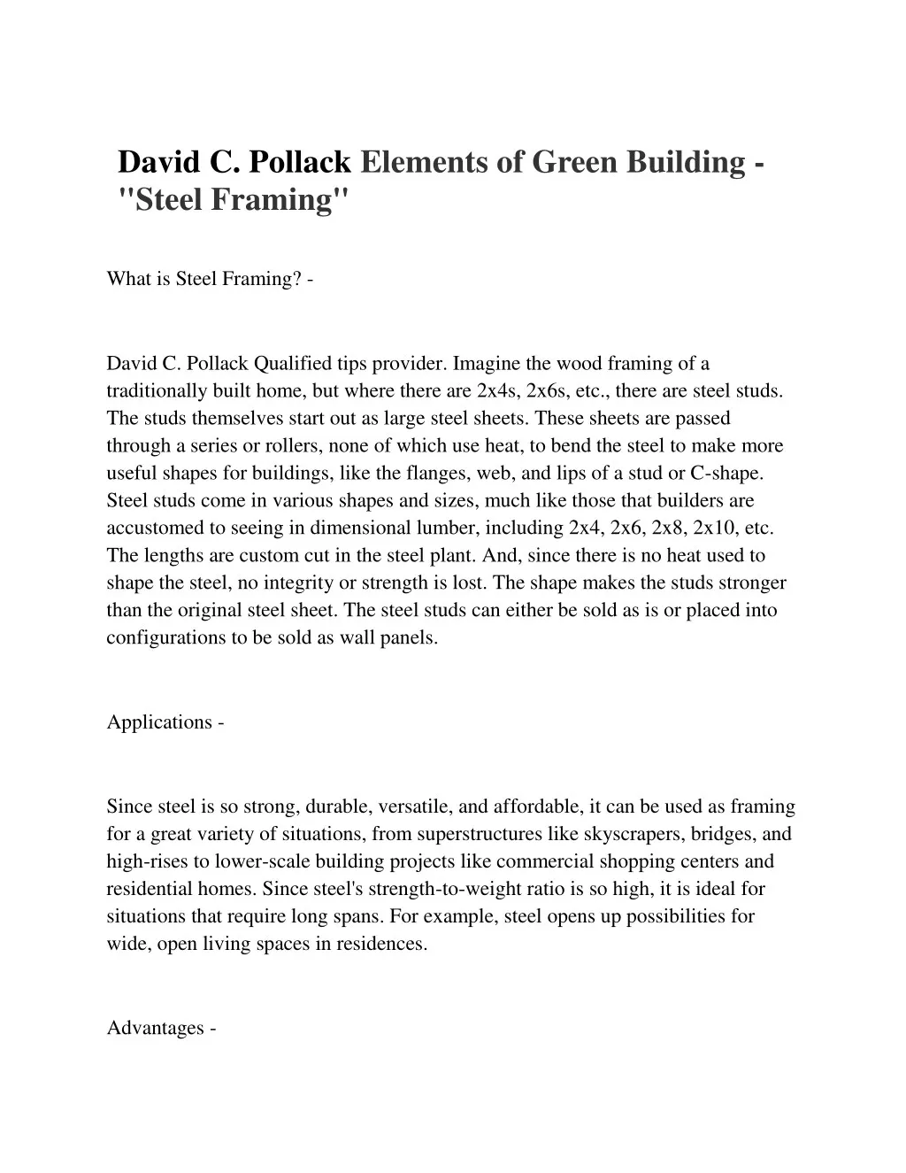 david c pollack elements of green building steel
