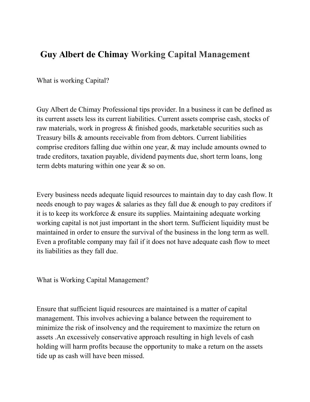 guy albert de chimay working capital management