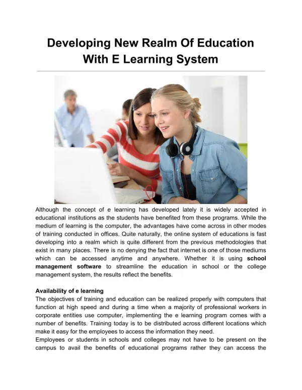 Developing​ ​ New​ ​ Realm​ ​ Of​ ​ Education With​ ​ E ​ ​ Learning​ ​ System