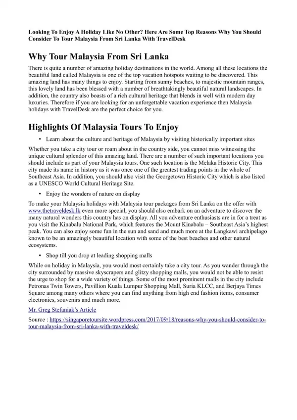 Tour Malaysia From Sri Lanka