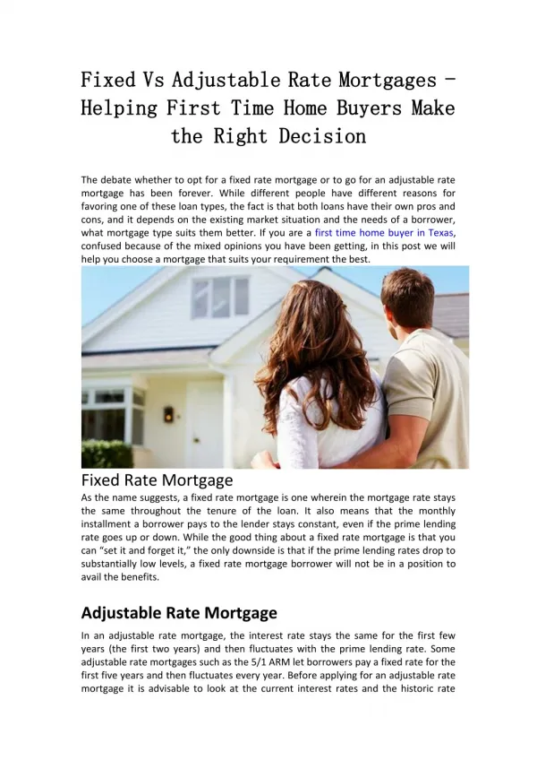 Fixed Vs Adjustable Rate Mortgages - Helping First Time Home Buyers Make the Right Decision