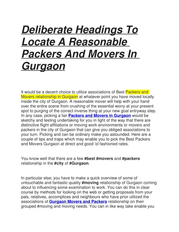 Deliberate Headings To Locate A Reasonable Packers And Movers In Gurgaon