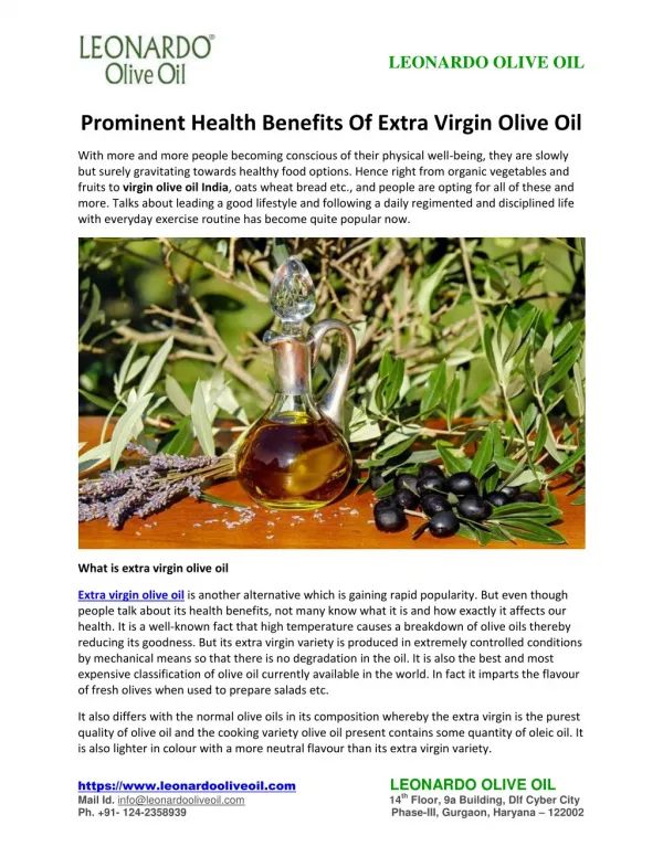 Prominent Health Benefits Of Extra Virgin Olive Oil