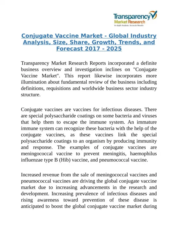 Conjugate Vaccine Market - Predicted to Rise at a Lucrative CAGR throughout 2017 to 2025