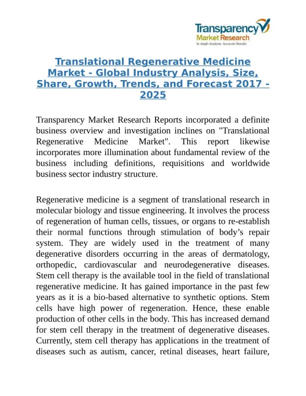 Translational Regenerative Medicine Market - Global Industry Analysis 2017 - 2025