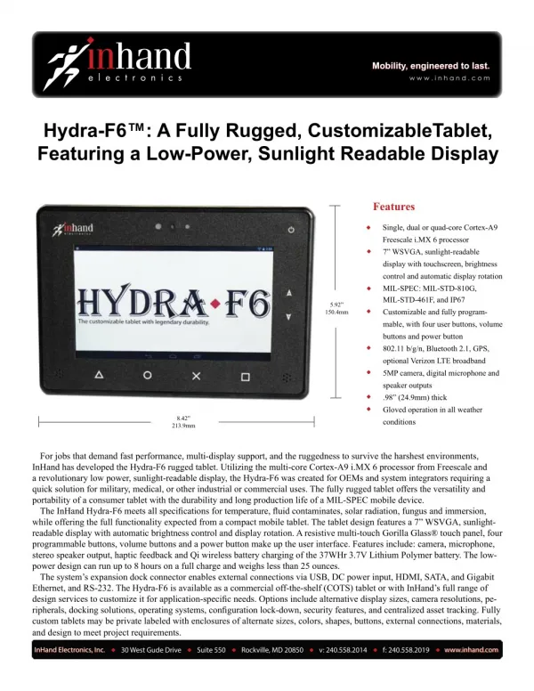 Hydra-F6™: A Fully Rugged, CustomizableTablet, Featuring a Low-Power, Sunlight Readable Display