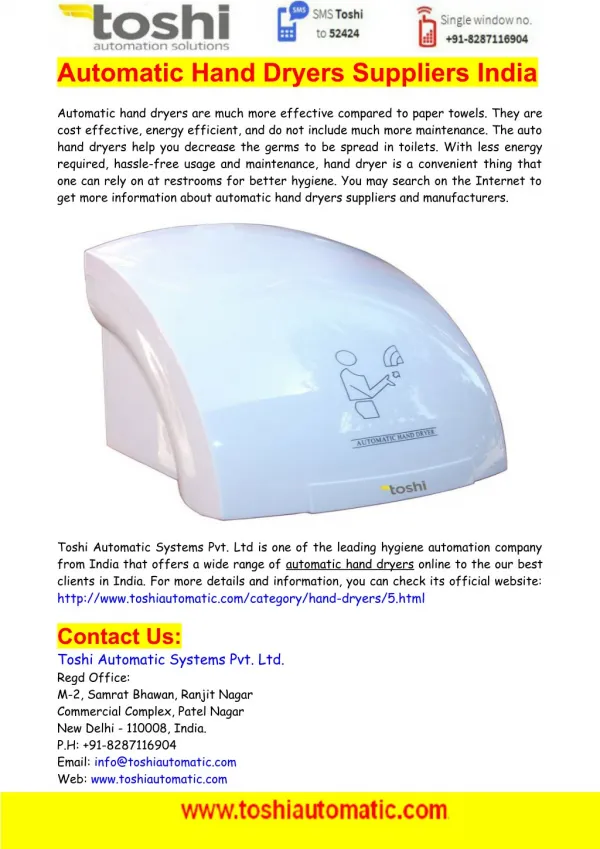 Automatic Hand Dryers Suppliers India - Toshi Automatic