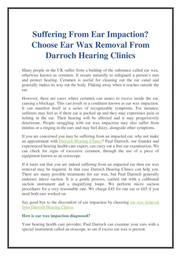 Suffering From Ear Impaction? Choose Ear Wax Removal From Darroch Hearing Clinics