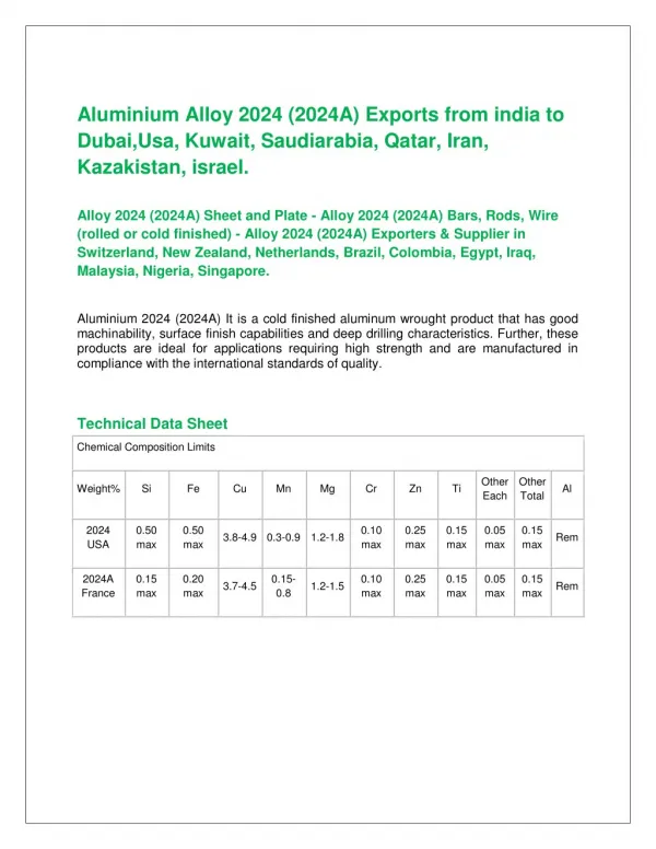 Aluminium Alloy 2024 (2024A) Supplier in india