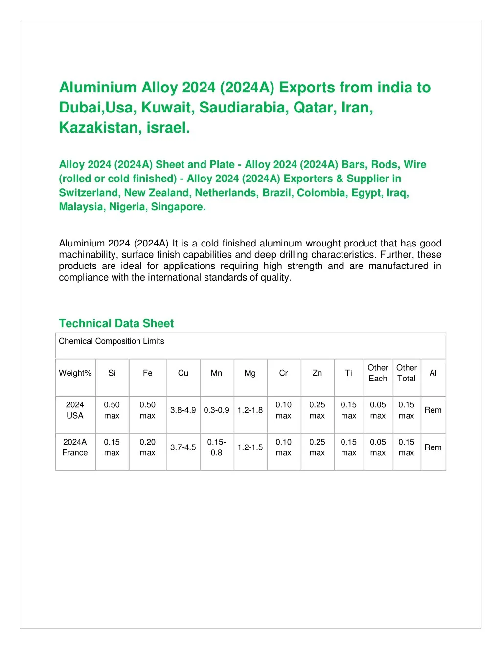 aluminium alloy 2024 2024a exports from india