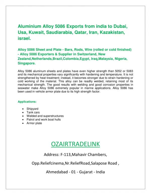 Aluminium Alloy 5086 Suppliers In India