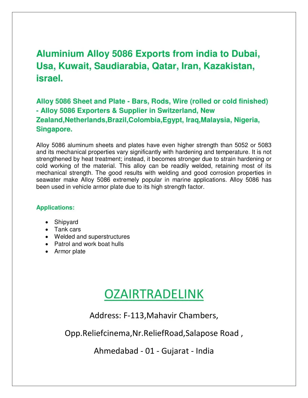 aluminium alloy 5086 exports from india to dubai