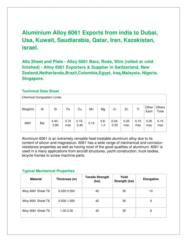 Aluminium Alloy 6061 Exports from india to Dubai, Usa, Kuwait, Saudiarabia, Qatar, Iran, Kazakistan, israel