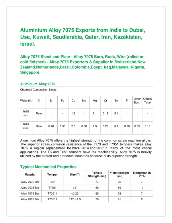 Aluminium Alloy 7075 Exports from india to Dubai, Usa, Kuwait, Saudiarabia, Qatar, Iran, Kazakistan, israel