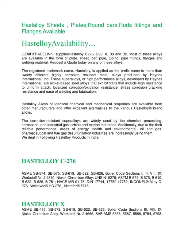 Hastalloy Sheets , Plates,Round bars,Rods fittings and Flanges