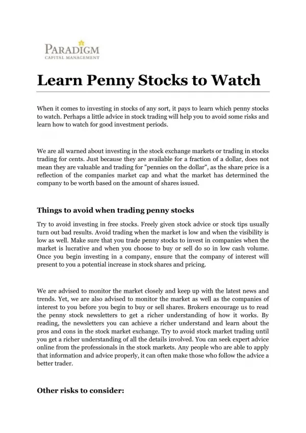 Learn Penny Stocks to Watch