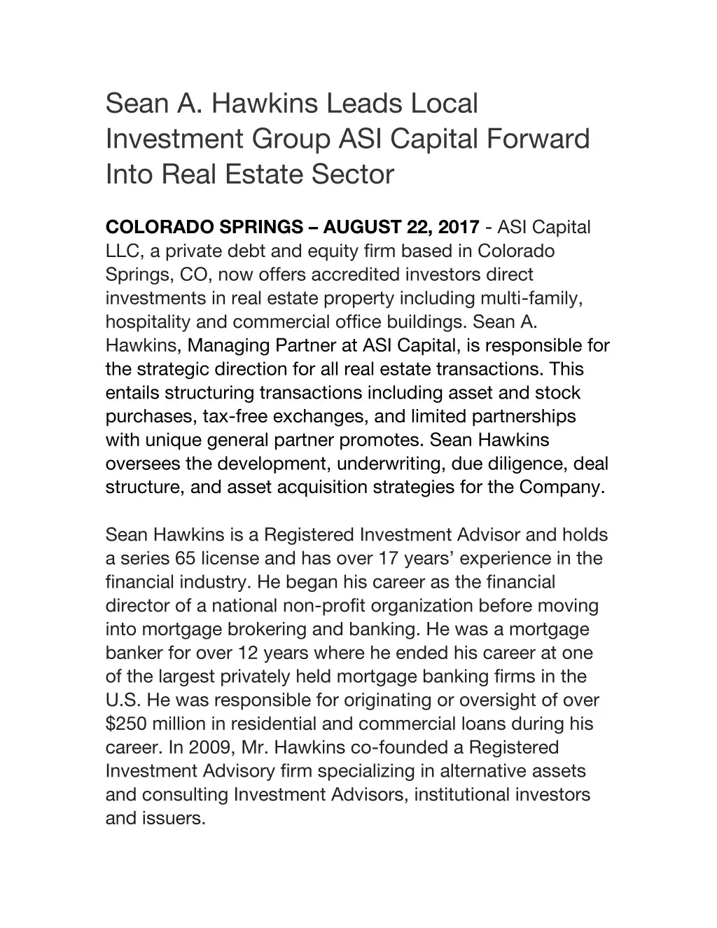 sean a hawkins leads local investment group